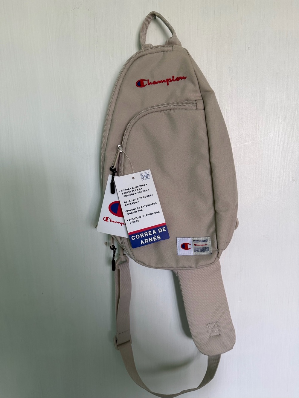 Champion Beige/Tan Sling Bag with Red Logo